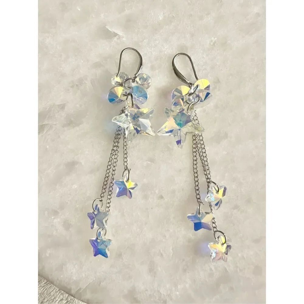 Iridescent dangle chain star earring 